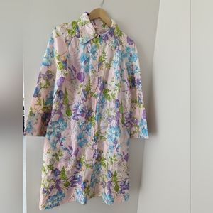 Vintage 1960s Floral Quilted House Coat Robe Unlined Pink Blue Purple Green